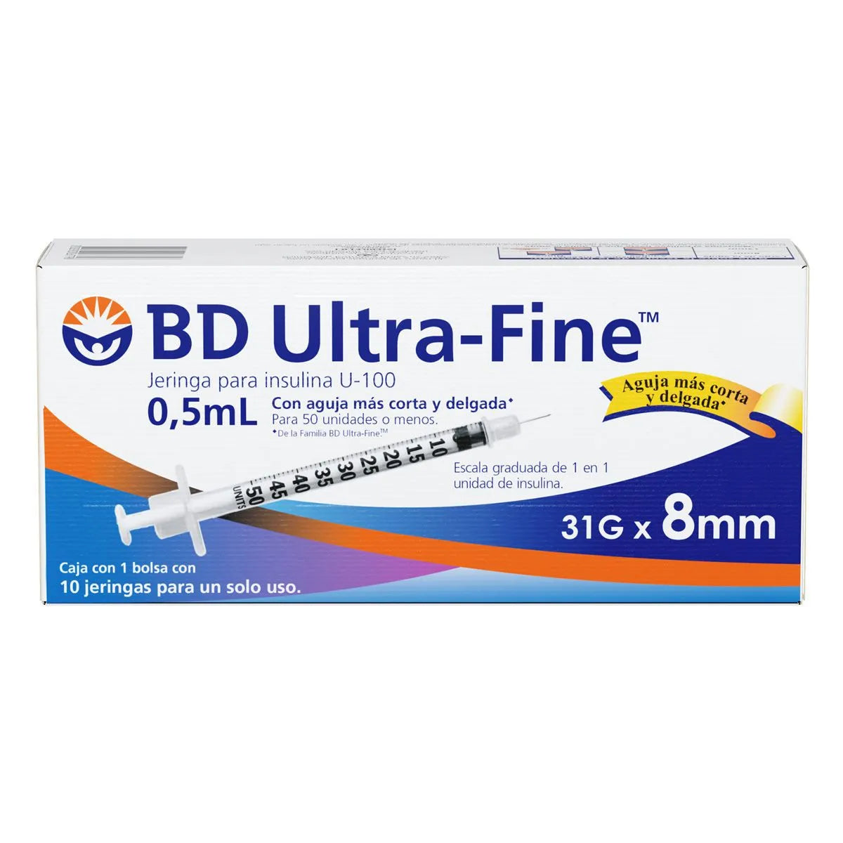JERINGA DESECHABLE ULTRA-FINE PARA INSULINA 0.5ML 31GX8MM 10 PIEZAS