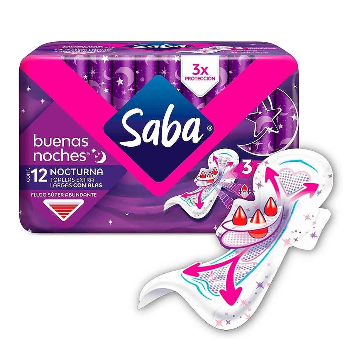 TOALLAS SANITARIAS EXTRA LARGAS CON ALAS SABA BUENAS NOCHES 12 PIEZAS