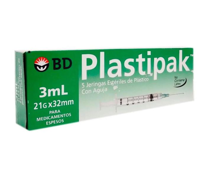 JERINGAS ESTÉRILES DE PLÁSTICO 3 ML 21G x 32MM PLASTIPAK 5 PIEZAS