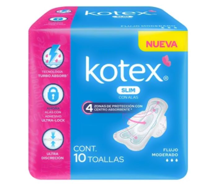 Toallas Femeninas Kotex Slim Con Alas 10 Piezas