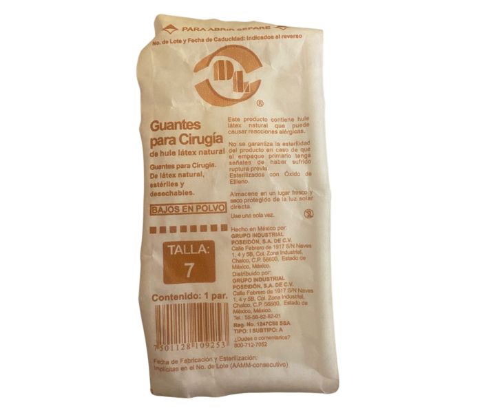 GUANTES PARA CIRUGÍA LÁTEX ESTÉRIL DESECHABLES (DL MEDICAL) 1 PAR TALLA 7