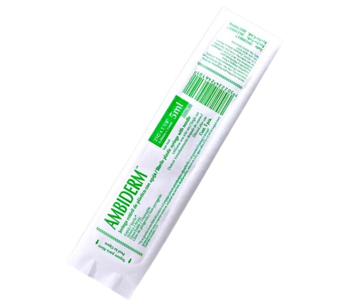 JERINGA ESTÉRIL DE PLÁSTICO CON AGUJA (AMBIDERM) 5ML 21G x 1 1/4" 1 PZA