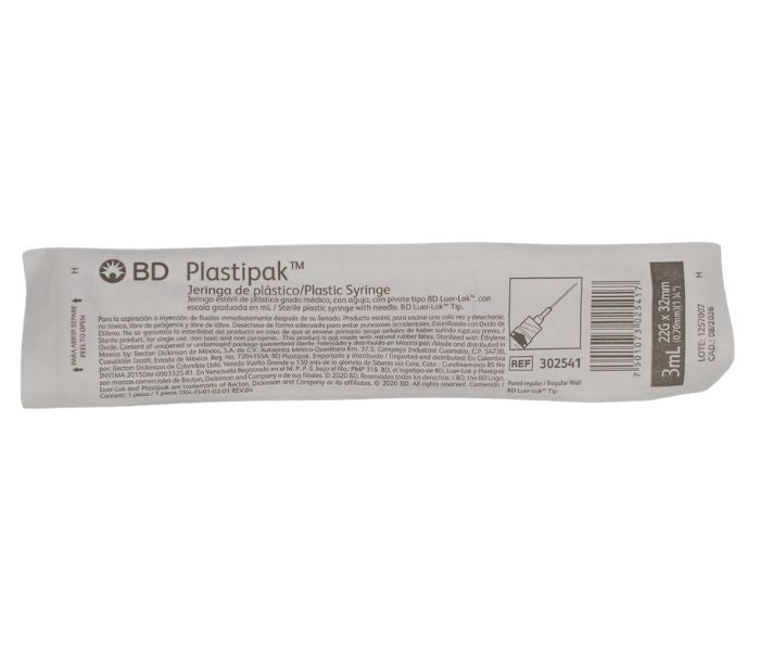 JERINGA ESTÉRIL DE PLÁSTICO CON AGUJA (PLASTIPAK) 3ML 22G x 32MM 1 PZA
