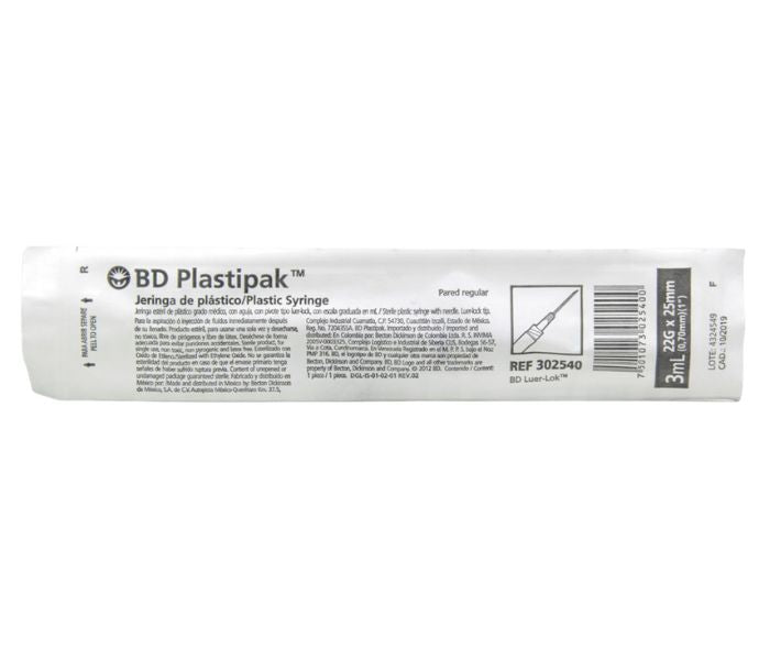 JERINGA ESTÉRIL DE PLÁSTICO CON AGUJA (PLASTIPAK) 3ML 22G x 25MM 1 PZA
