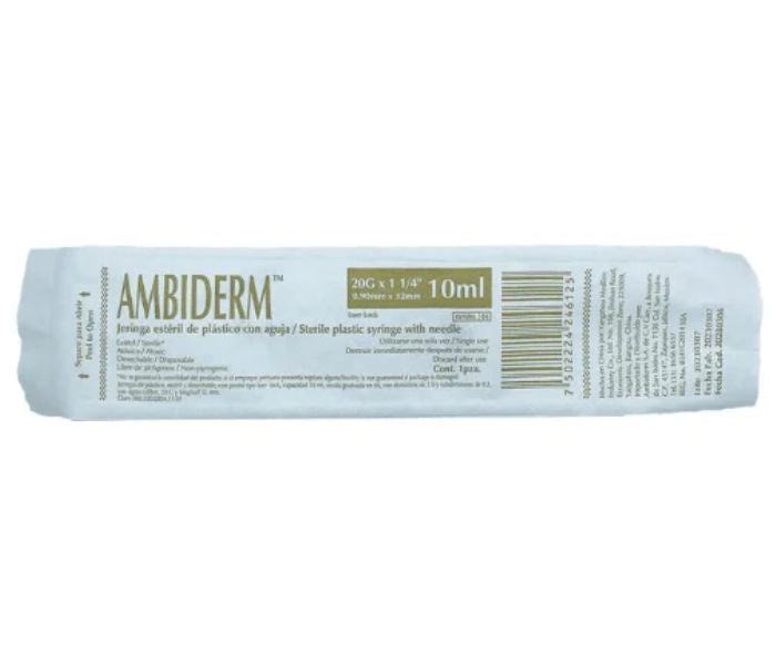 JERINGA ESTÉRIL DE PLÁSTICO CON AGUJA (AMBIDERM) 10ML 20G x 1 1/2" 1 PZA
