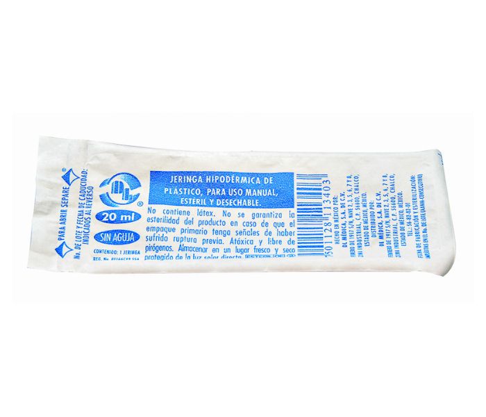 JERINGA (DL MEDICAL) HIPODÉRMICA DE PLÁSTICO ESTÉRIL Y DESECHABLE SIN AGUJA 20ML