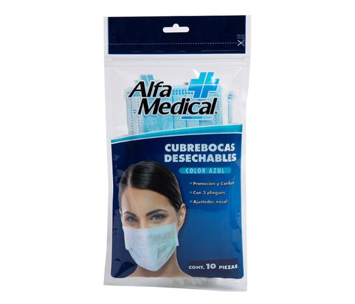 CUBREBOCAS DESECHABLES (ALFA MEDICAL) AZUL 10 PZAS