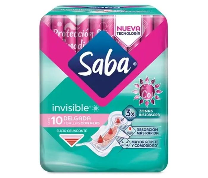 TOALLAS FEMENINAS SABA INVISIBLE CON ALAS 10 PIEZAS