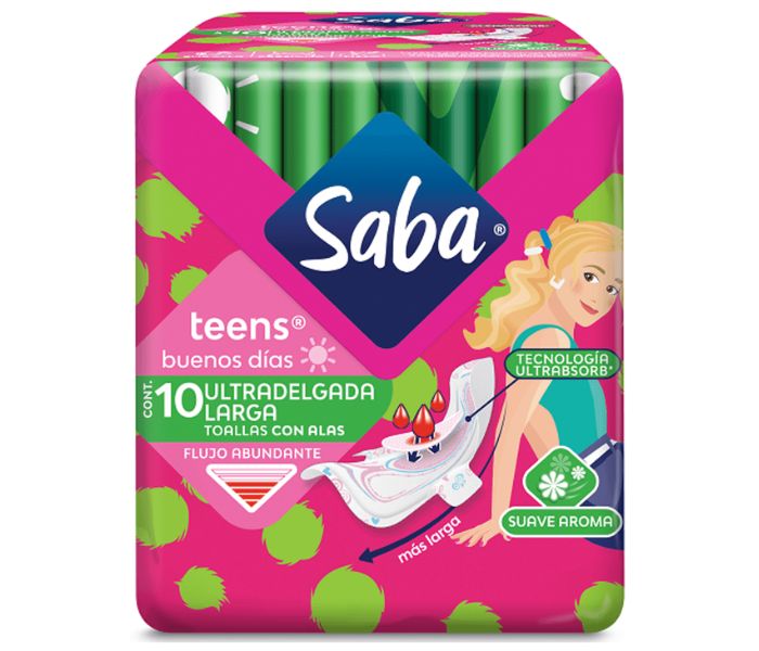 TOALLA FEMENINA SABA TEENS ULTRADELGADA LARGA CON ALAS 10 PIEZAS