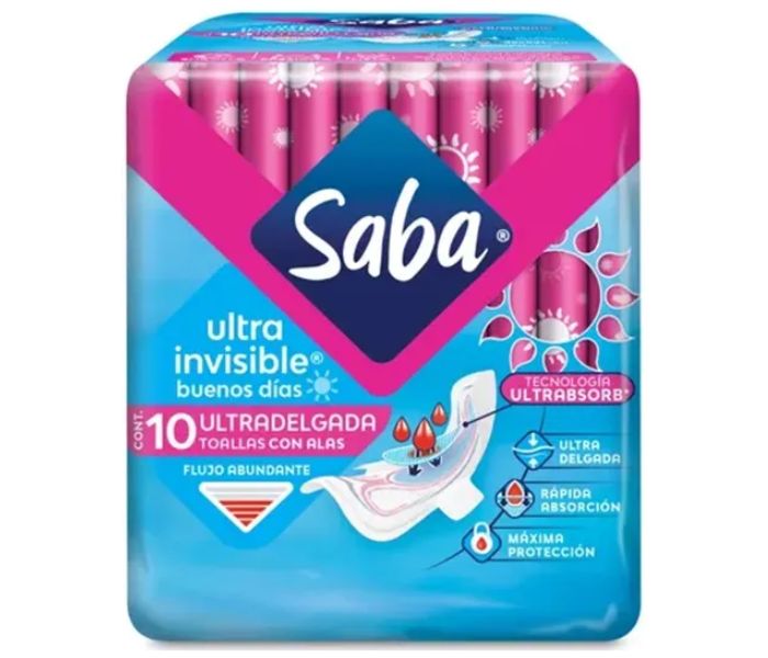 TOALLAS FEMENINAS SABA CON ALAS ULTRADELGADA 10 PIEZAS