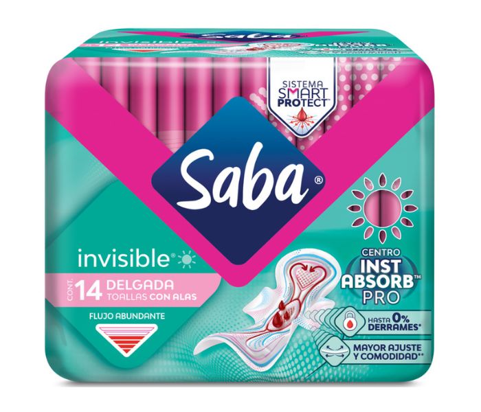 TOALLAS FEMENINAS SABA INVISIBLE DELGADA CON ALAS 14 PIEZAS