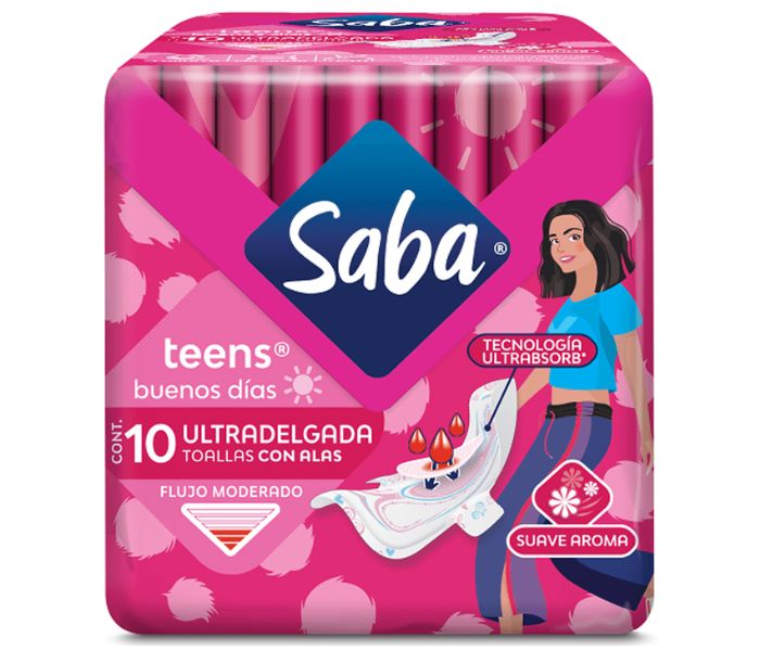 TOALLA FEMENINA SABA TEENS ULTRADELGADA CON ALAS 10 PIEZAS