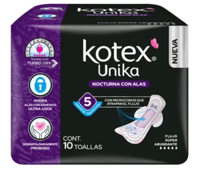 TOALLAS FEMENINAS KOTEX UNIKA NOCTURNAS CON ALAS 10 PIEZAS