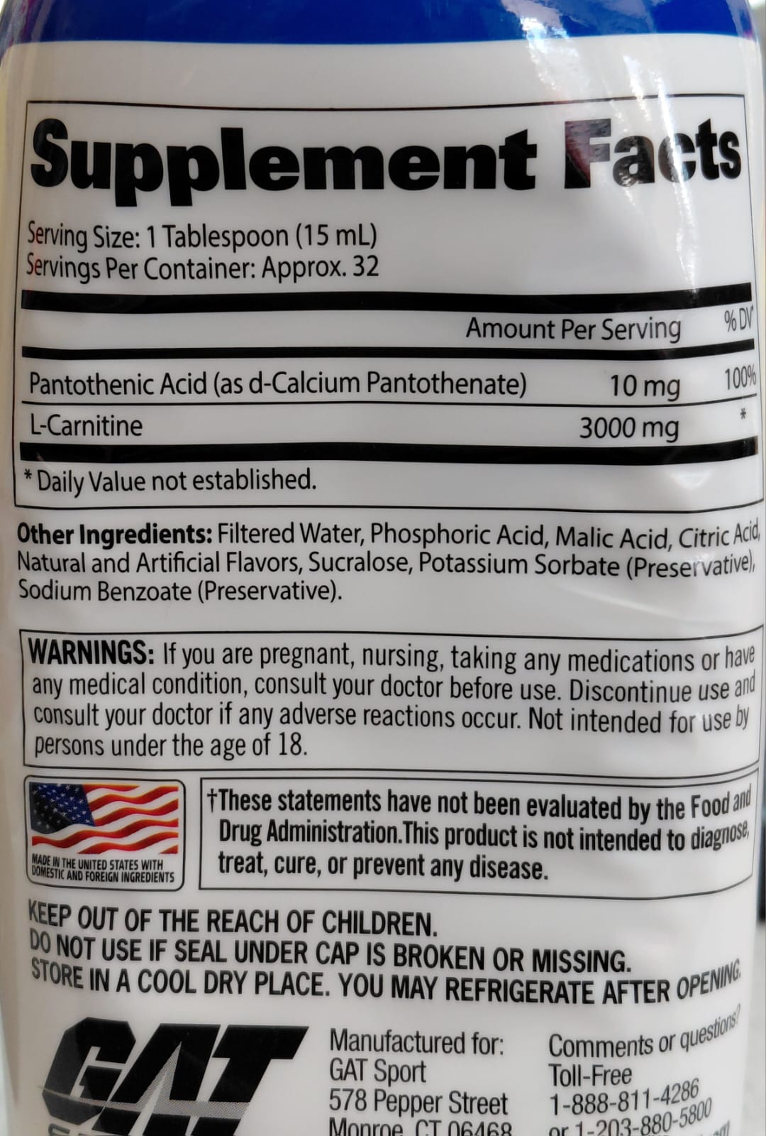 GA L-CARNITINE 3000MG 16OZ BLUE RASPBERRY