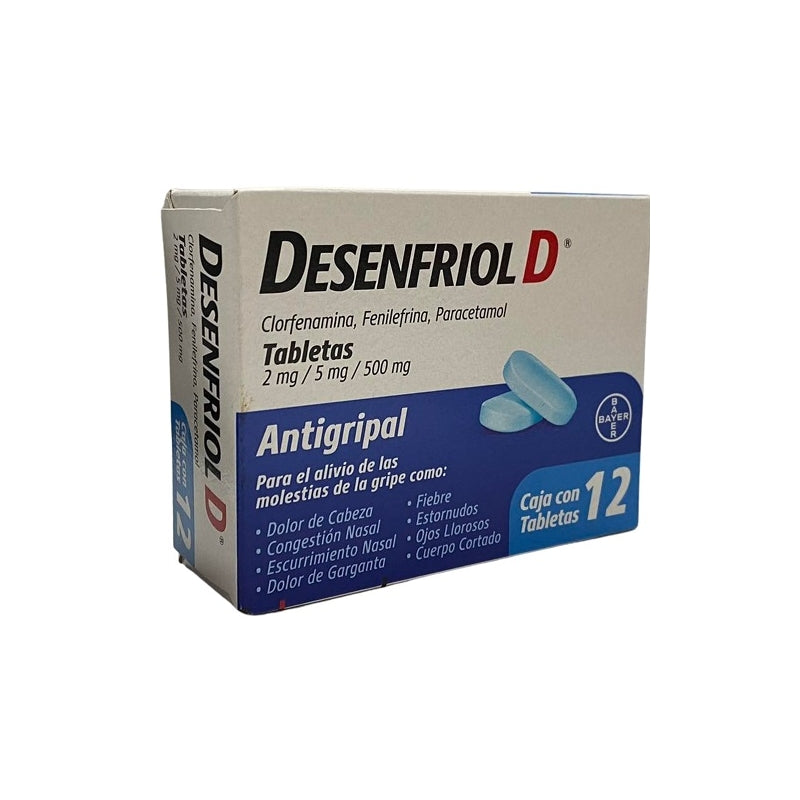 DESENFRIOL D (CHLORPHENAMINE, PHENYLEPHRINE, PARACETAMOL) 12 TABLETS 2MG/5MG/500MG