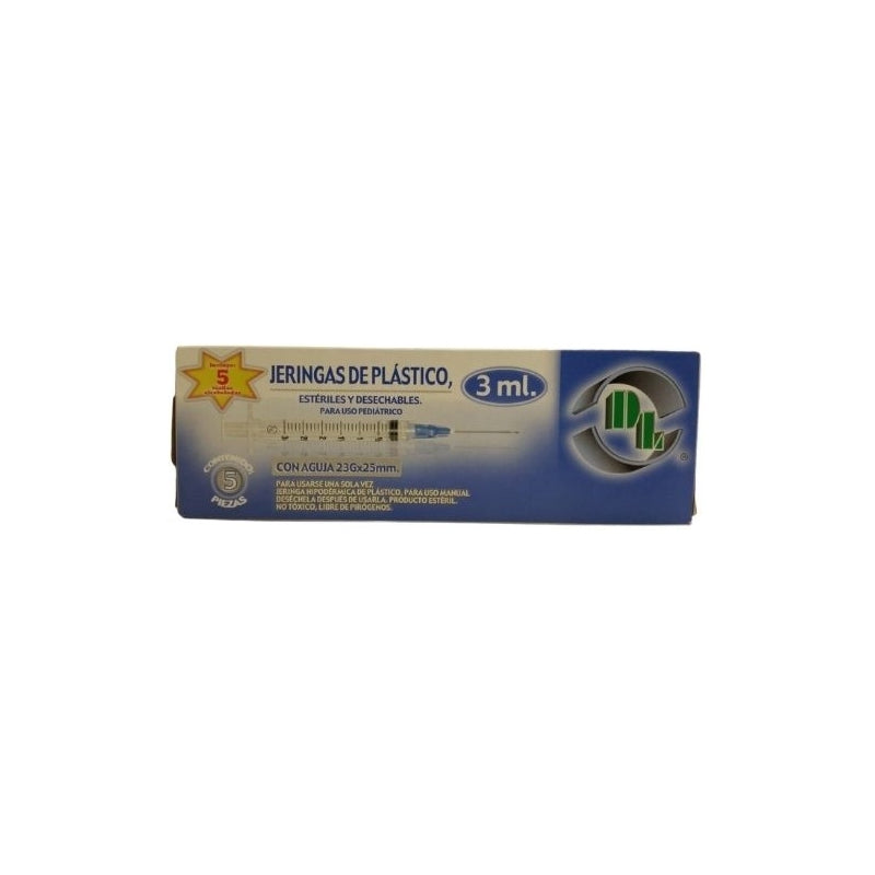 PLASTIC SYRINGES 3 ML WITH NEEDLE 23GX25MM 5 PIECES